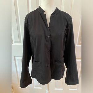 Eileen Fisher Black Cotton Mandarin Collar Jacket with Open Front Pockets Size L